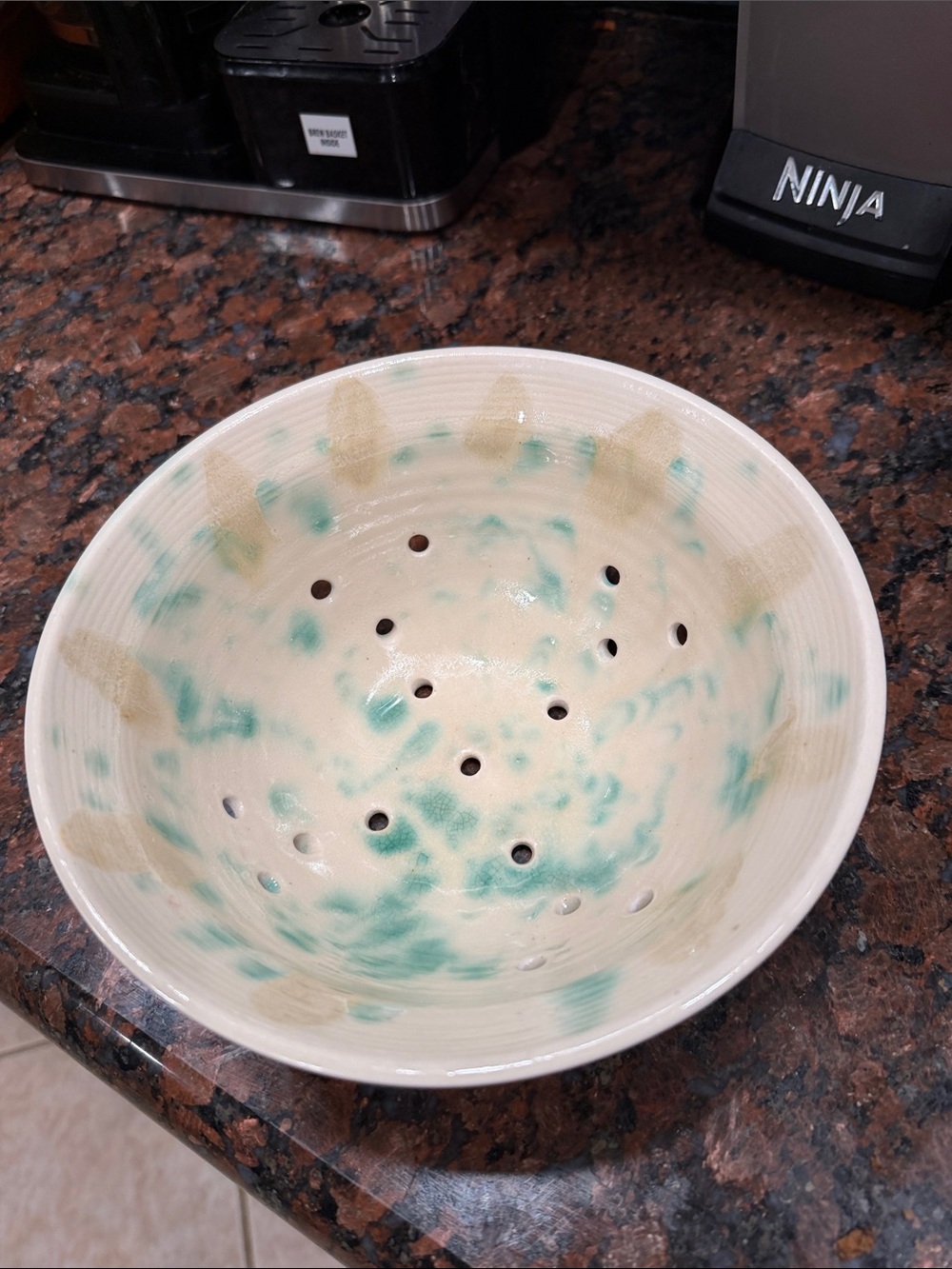 Handcrafted Ceramic porcelain Colander Bowl in Cream and Teal -